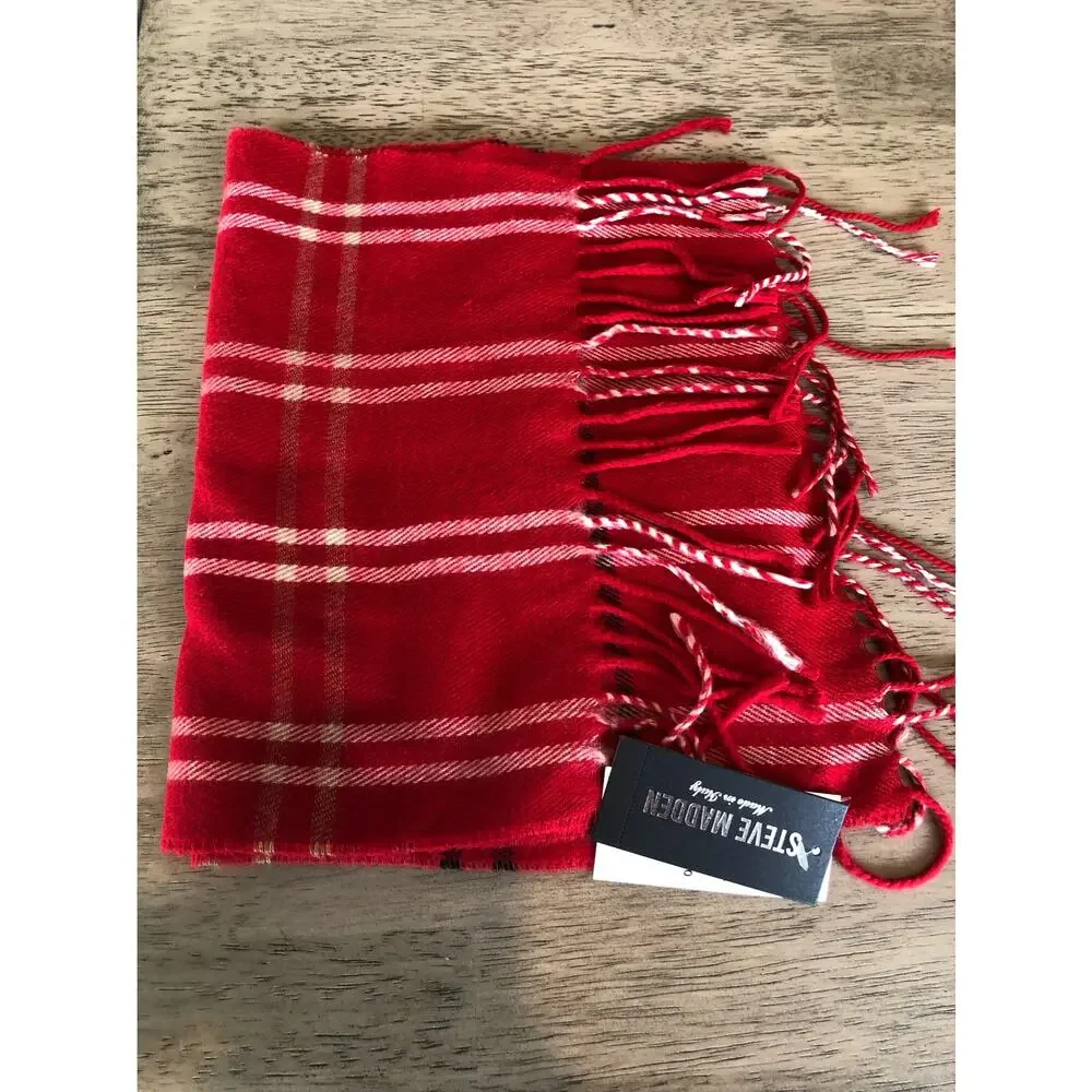 Steve Madden Red Plaid Fringe Scarf - OS